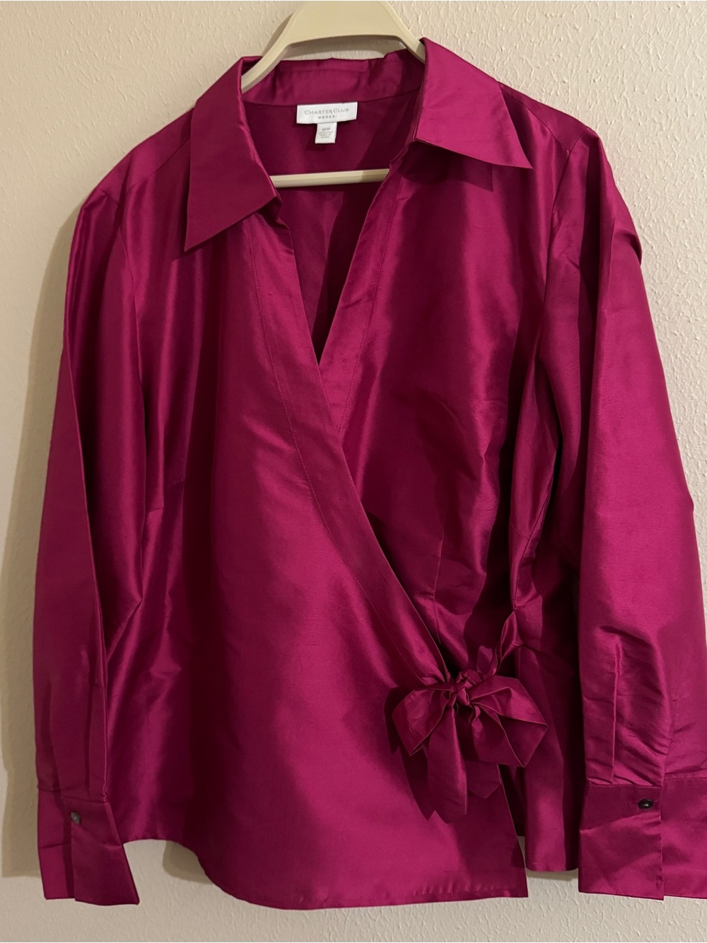 Charter Club Woman 100% Silk Satin Wrap Blouse Size 16 Magenta Tie Front Career